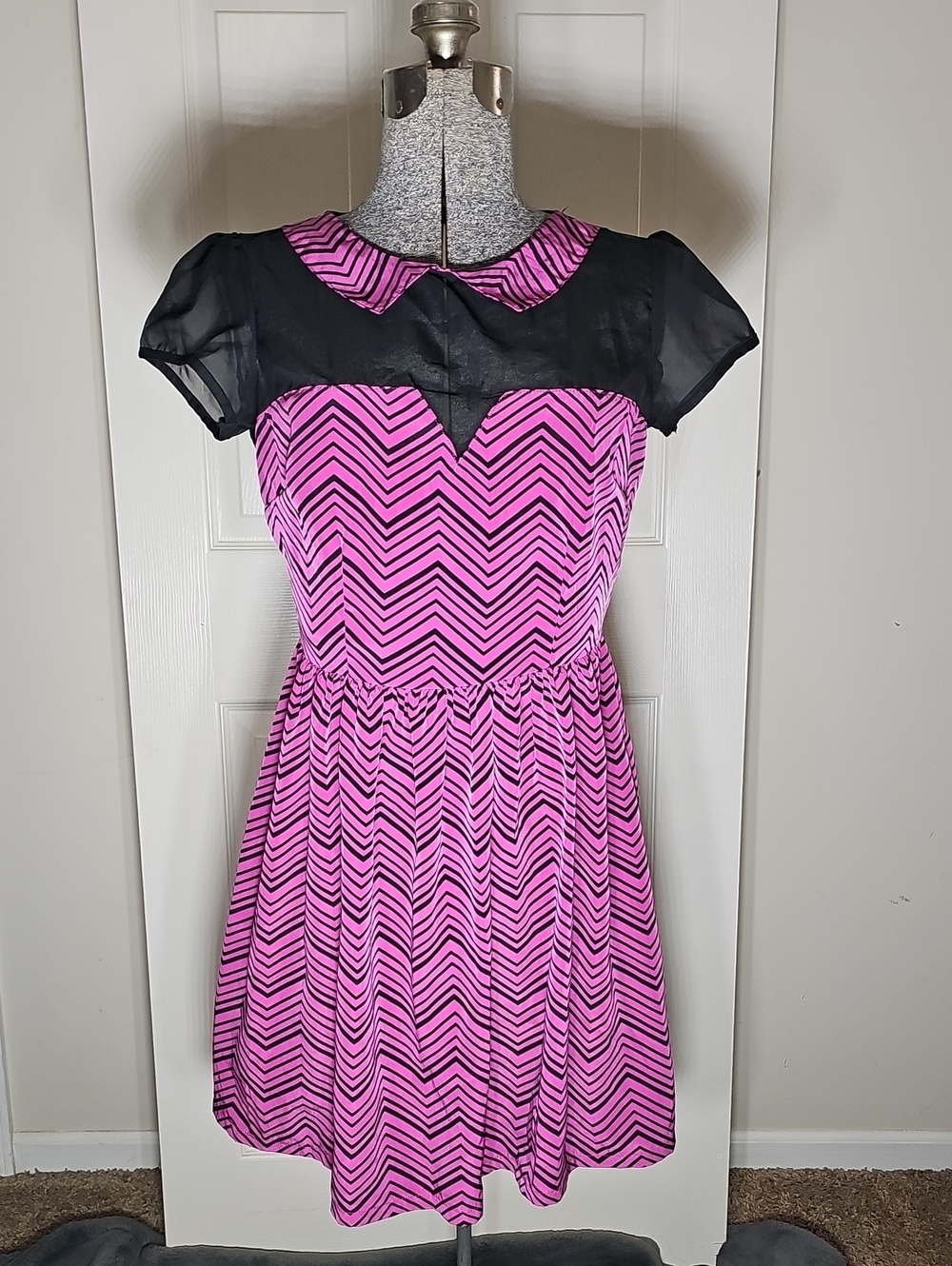 Paper Doll Purple Black Chevron Sheer Collar Dress Size 5